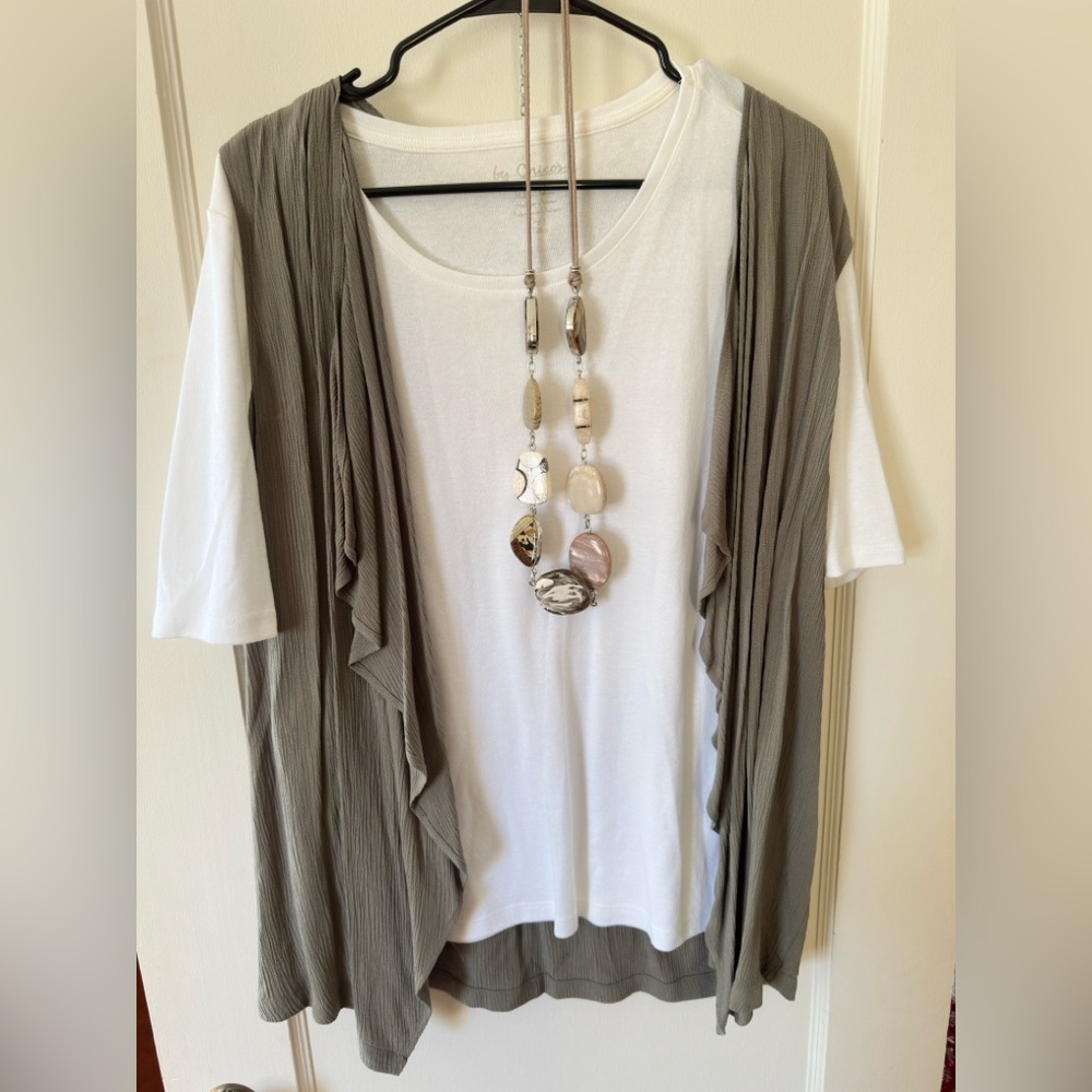 Chicos Sage Green Layered Top with Matching Pants and Necklace